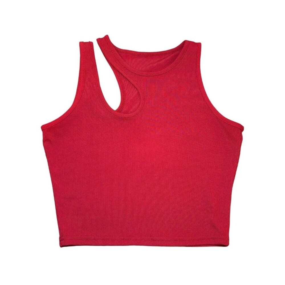 SHEIN Essnce Leisure Solid Cutout Shoulder Rib-Knit Tank Top Red Size Small